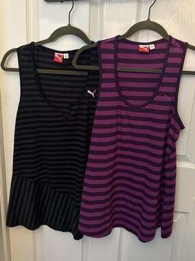 Lot of 2 Puma Sportlifestyle Striped Tank Tops 1 Black and 1 Purple size medium